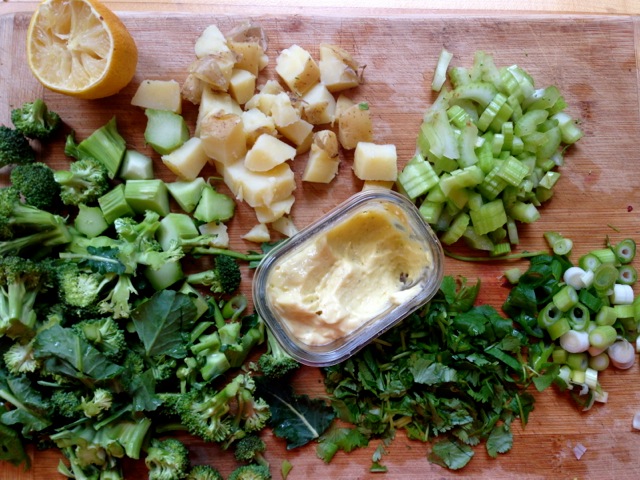 broccoli potato celery aoili salad ingredients