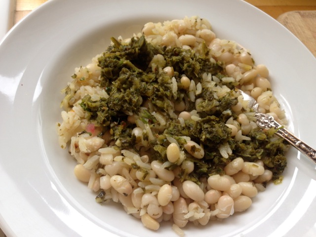 beans rice spicy green sauce