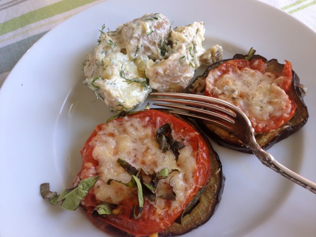eggplant tomato rounds plated